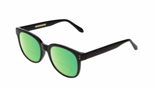 Profile View of BCBG BAR104BL Designer Polarized Reading Sunglasses with Custom Cut Powered Green Mirror Lenses in Gloss Black Silver Unisex Panthos Full Rim Acetate 52 mm
