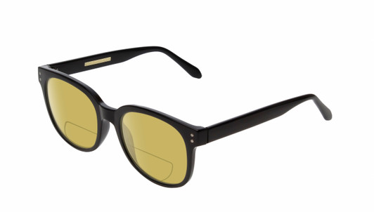 Profile View of BCBG BAR104BL Designer Polarized Reading Sunglasses with Custom Cut Powered Sun Flower Yellow Lenses in Gloss Black Silver Unisex Panthos Full Rim Acetate 52 mm