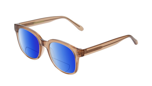 Profile View of BCBG BAR104BL Designer Polarized Reading Sunglasses with Custom Cut Powered Blue Mirror Lenses in Nude Brown Crystal  Unisex Panthos Full Rim Acetate 52 mm