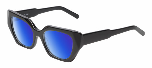 Profile View of Reptile Cryptodira Designer Polarized Sunglasses with Custom Cut Blue Mirror Lenses in Gloss Black Ladies Butterfly Full Rim Acetate 55 mm