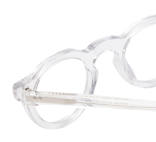 Close Up View of Reptile Malayemys Designer Single Vision Prescription Rx Eyeglasses in Clear Crystal Ladies Panthos Full Rim Acetate 44 mm