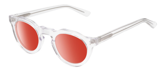 Profile View of Reptile Malayemys Designer Polarized Sunglasses with Custom Cut Red Mirror Lenses in Clear Crystal Ladies Panthos Full Rim Acetate 44 mm