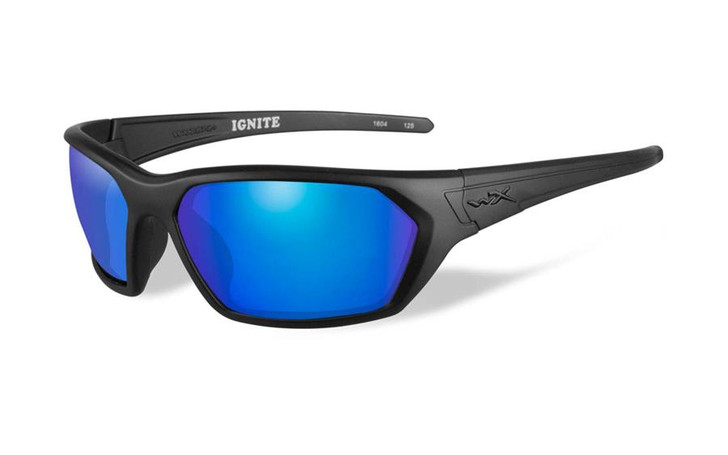 Wiley X Designer Sunglasses WX Ignite in Matte Black Frame & Polarized Blue Mirror (Green) Lens