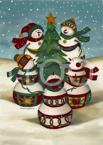 Holiday Christmas Theme Cleaning Cloth, Caroling Snowmen around the Tree