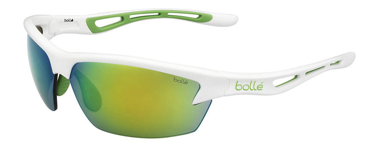 Bollé Sunglasses: Bolt in Shiny White with Green Mirror Lens