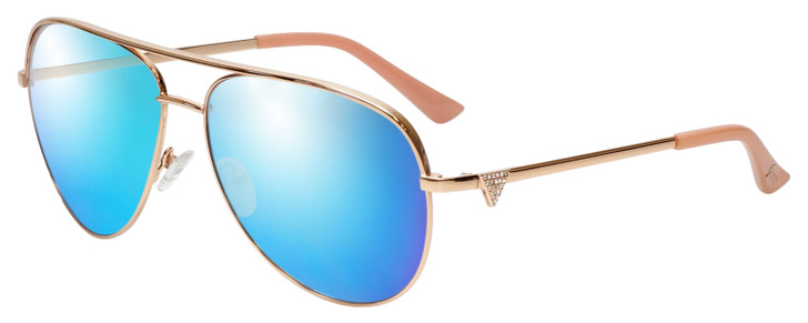 Profile View of Guess Factory GF6098 Designer Polarized Sunglasses with Custom Cut Blue Mirror Lenses in Rose Gold Ladies Aviator Full Rim Metal 64 mm