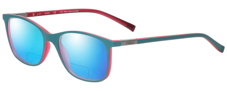 Profile View of Guess GU3004 Designer Polarized Reading Sunglasses with Custom Cut Powered Blue Mirror Lenses in Turquoise Pink Crystal Blue Green Unisex Cateye Full Rim Acetate 51 mm