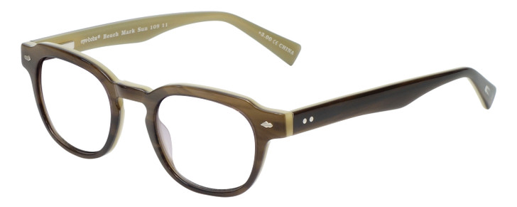 Profile View of Eyebobs Bench Mark Designer Bi-Focal Prescription Rx Eyeglasses in Brown Horn Marble Olive Green Ladies Cateye Full Rim Acetate 46 mm
