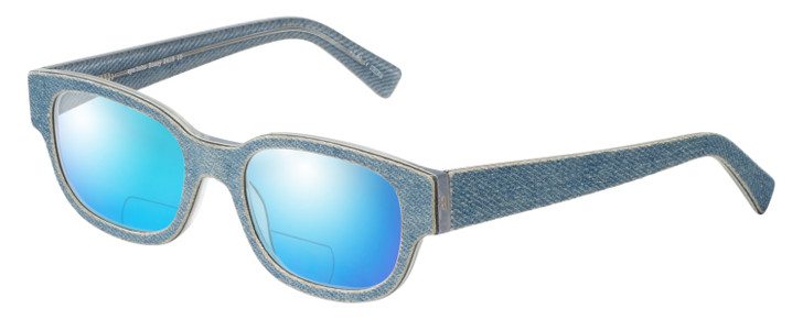 Profile View of Eyebobs Bossy Designer Polarized Reading Sunglasses with Custom Cut Powered Blue Mirror Lenses in Blue Jean Unisex Square Full Rim Acetate 51 mm