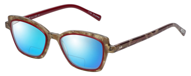 Profile View of Eyebobs Flirt Designer Polarized Reading Sunglasses with Custom Cut Powered Blue Mirror Lenses in Red Crystal Brown Horn Marble Ladies Cateye Full Rim Acetate 48 mm