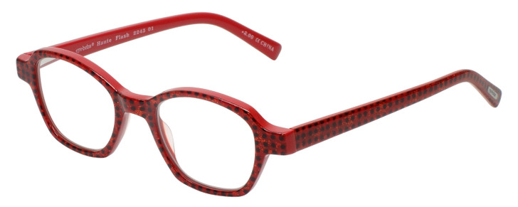 Profile View of Eyebobs Haute Flash Designer Bi-Focal Prescription Rx Eyeglasses in Red Glitter Black Polka Dot Ladies Square Full Rim Acetate 46 mm