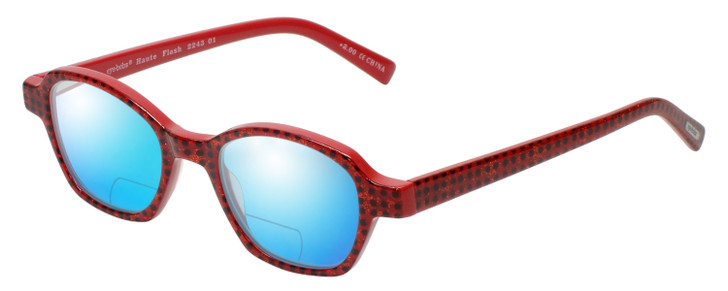 Profile View of Eyebobs Haute Flash Designer Polarized Reading Sunglasses with Custom Cut Powered Blue Mirror Lenses in Red Glitter Black Polka Dot Ladies Square Full Rim Acetate 46 mm