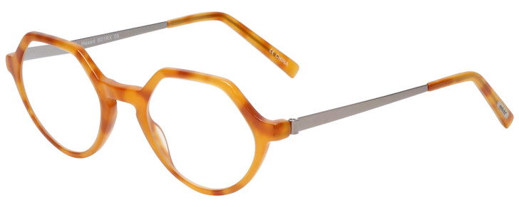 Profile View of Eyebobs Hexed Designer Reading Eye Glasses with Custom Cut Powered Lenses in Orange Crystal Horn Marble Silver Unisex Round Full Rim Acetate 48 mm