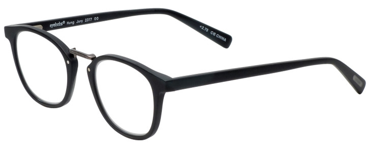 Profile View of Eyebobs Hung Jury Designer Reading Eye Glasses with Custom Cut Powered Lenses in Matte Black Unisex Round Full Rim Acetate 47 mm