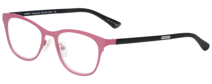 Profile View of Eyebobs Irregular Curves Designer Reading Eye Glasses with Custom Cut Powered Lenses in Satin Pink Black Ladies Square Full Rim Metal 51 mm