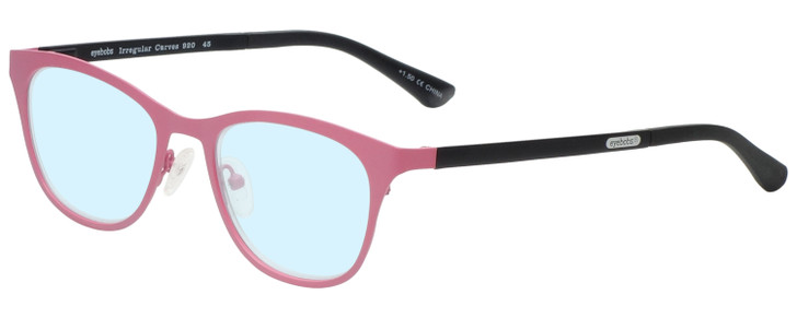 Profile View of Eyebobs Irregular Curves Designer Blue Light Blocking Eyeglasses in Satin Pink Black Ladies Square Full Rim Metal 51 mm