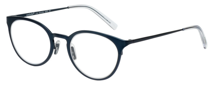 Profile View of Eyebobs Jim Dandy Designer Single Vision Prescription Rx Eyeglasses in Satin Navy Blue Crystal Unisex Round Full Rim Metal 50 mm