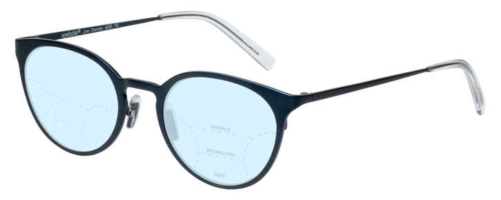 Profile View of Eyebobs Jim Dandy Designer Progressive Lens Blue Light Blocking Eyeglasses in Satin Navy Blue Crystal Unisex Round Full Rim Metal 50 mm with Blue Light Zone functionality illustration laid over the lens