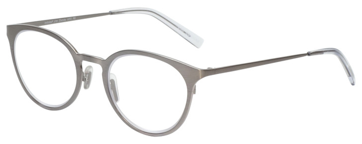 Profile View of Eyebobs Jim Dandy Designer Bi-Focal Prescription Rx Eyeglasses in Satin Silver Crystal Unisex Round Full Rim Metal 50 mm