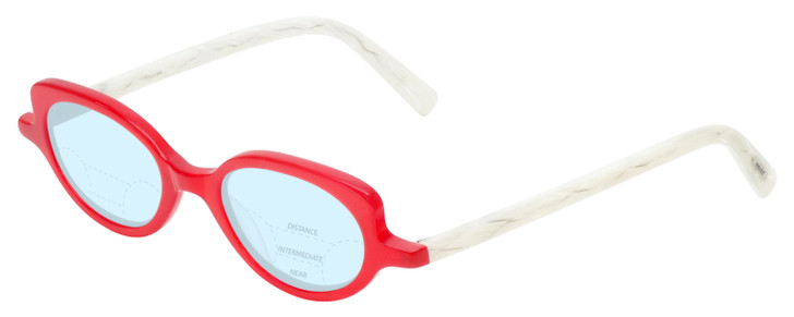 Profile View of Eyebobs Peep Show Designer Progressive Lens Blue Light Blocking Eyeglasses in Red Crystal White Marble Ladies Cateye Full Rim Acetate 46 mm with Blue Light Zone functionality illustration laid over the lens
