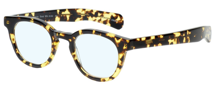Profile View of Eyebobs Total Wit Designer Blue Light Blocking Eyeglasses in Tortoise Havana Brown Light Gold Crystal Unisex Round Full Rim Acetate 46 mm