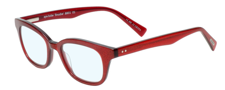 Profile View of Eyebobs Touche Designer Progressive Lens Blue Light Blocking Eyeglasses in Ruby Red Crystal Glitter Layer Burgundy Ladies Cateye Full Rim Acetate 48 mm