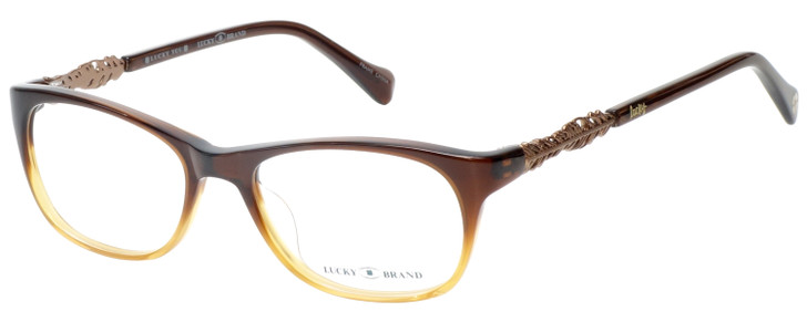 Profile View of Lucky Brand Palm Designer Reading Eye Glasses with Custom Cut Powered Lenses in Brown Crystal Fade Unisex Square Full Rim Acetate 52 mm