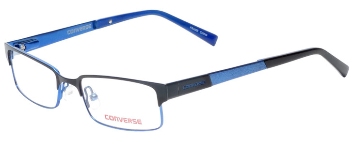 Profile View of Converse Kids Zing Designer Reading Eye Glasses with Custom Cut Powered Lenses in Black Satin Blue Unisex Rectangle Full Rim Metal 46 mm