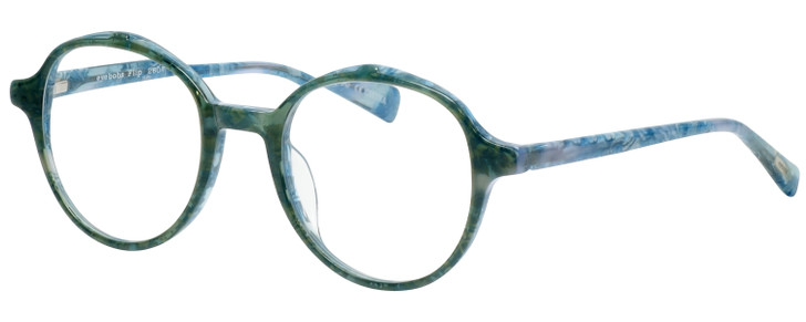 Profile View of Eyebobs Flip 2607-59 Designer Reading Eye Glasses with Custom Cut Powered Lenses in Blue Green Marble Ladies Round Full Rim Acetate 50 mm