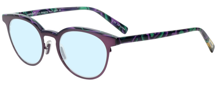 Profile View of Eyebobs Low Hanging Fruit 3159-52 Designer Blue Light Blocking Eyeglasses in Purple Green Marble Swirl Ladies Round Full Rim Acetate 50 mm