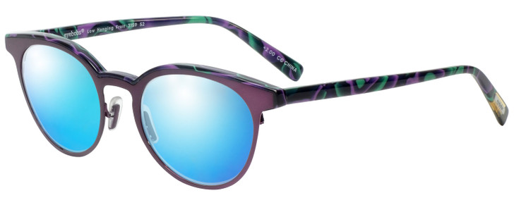 Profile View of Eyebobs Low Hanging Fruit 3159-52 Designer Polarized Sunglasses with Custom Cut Blue Mirror Lenses in Purple Green Marble Swirl Ladies Round Full Rim Acetate 50 mm