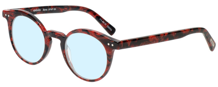 Profile View of Eyebobs Reva 2747-01 Designer Blue Light Blocking Eyeglasses in Red Black Marble Swirl Unisex Cateye Full Rim Acetate 45 mm