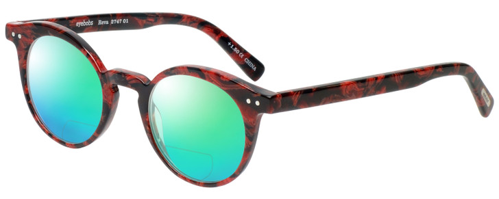 Profile View of Eyebobs Reva 2747-01 Designer Polarized Reading Sunglasses with Custom Cut Powered Green Mirror Lenses in Red Black Marble Swirl Unisex Cateye Full Rim Acetate 45 mm