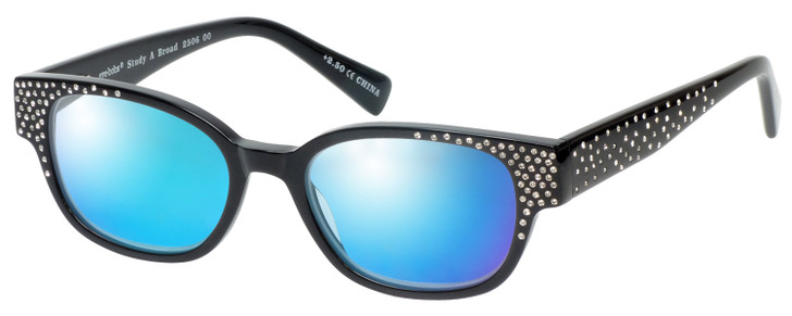 Profile View of Eyebobs Study A Broad 2506-00 Designer Polarized Sunglasses with Custom Cut Blue Mirror Lenses in Black Crystal Rhinestones Ladies Cateye Full Rim Acetate 49 mm