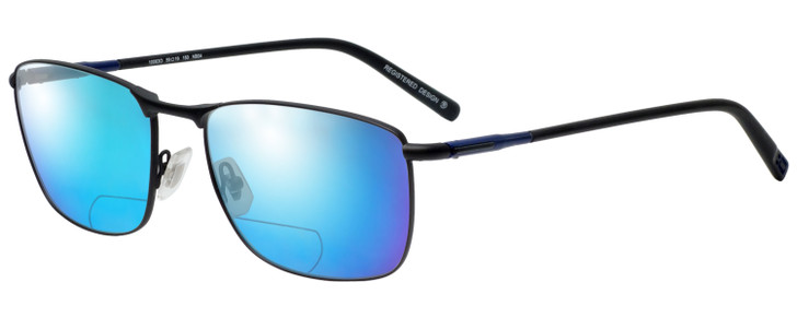 Profile View of OGA 10063O-NB04 Designer Polarized Reading Sunglasses with Custom Cut Powered Blue Mirror Lenses in Satin Black Blue Unisex Rectangle Full Rim Metal 59 mm