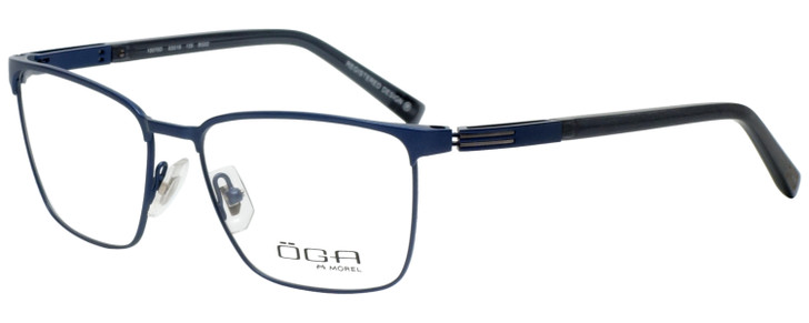 Profile View of OGA 10070O-BG02 Designer Reading Eye Glasses with Custom Cut Powered Lenses in Satin Blue Black Unisex Rectangle Full Rim Metal 53 mm