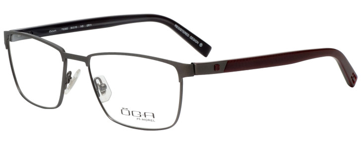 Profile View of OGA 10038O-GR11 Designer Single Vision Prescription Rx Eyeglasses in Gun Metal Silver Burgundy Red Unisex Rectangle Full Rim Metal 56 mm