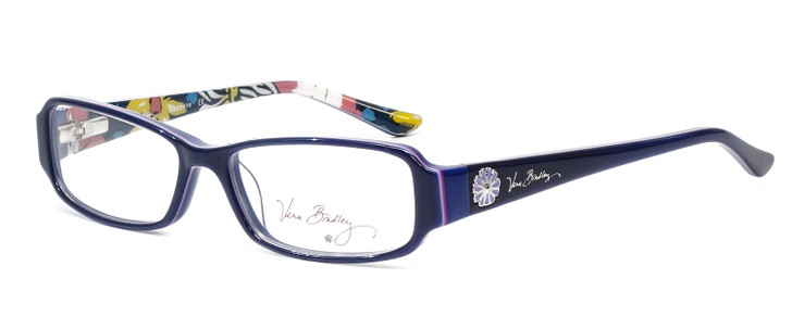 Profile View of Vera Bradley Madeline Designer Reading Eye Glasses with Custom Cut Powered Lenses in Navy Blue African Violet Ladies Rectangle Full Rim Acetate 50 mm