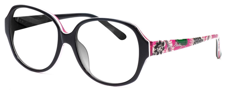 Profile View of Vera Bradley Lillian Designer Reading Eye Glasses in Black Priscilla Pink Ladies Oversized Full Rim Acetate 57 mm