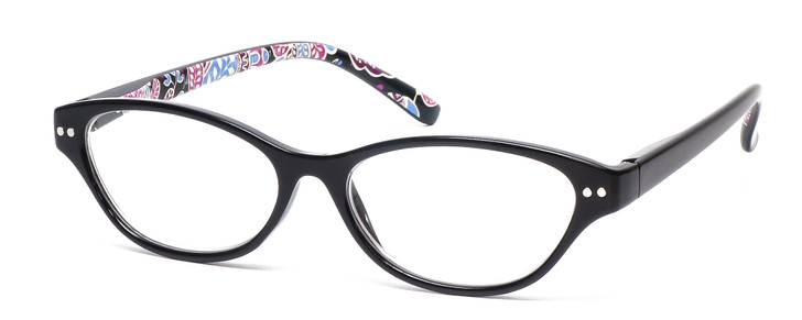 Profile View of Vera Bradley Adalynn Designer Reading Eye Glasses with Custom Cut Powered Lenses in Black Pink Blue Alpine Floral Ladies Cateye Full Rim Acetate 49 mm