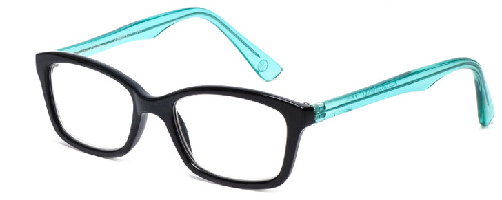 Profile View of Vera Bradley Meryl Designer Reading Eye Glasses with Custom Cut Powered Lenses in Black Crystal Blue Camo Floral Ladies Rectangle Full Rim Acetate 47 mm