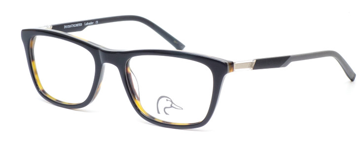 Profile View of Ducks Unlimited Labrador Designer Reading Eye Glasses with Custom Cut Powered Lenses in Black Mens Rectangle Full Rim Acetate 54 mm