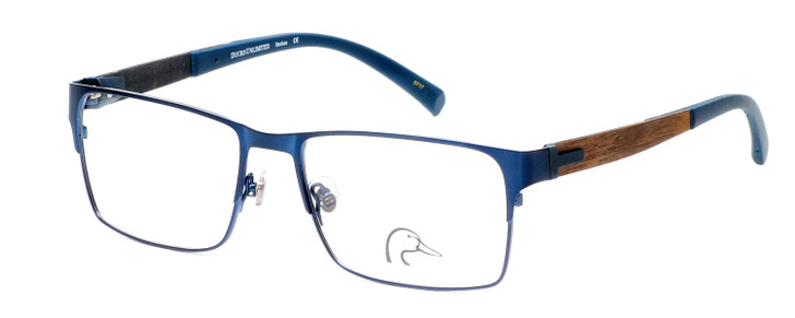 Profile View of Ducks Unlimited Station Designer Reading Eye Glasses with Custom Cut Powered Lenses in Cobalt Blue Mens Rectangle Full Rim Metal 55 mm