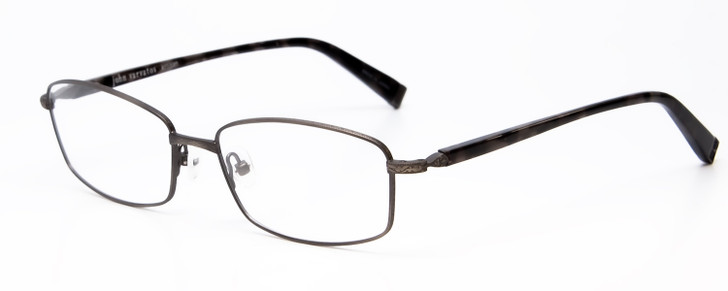 Profile View of John Varvatos V150-GUN Designer Reading Eye Glasses with Custom Cut Powered Lenses in Antique Gun Metal Unisex Rectangle Full Rim Metal 56 mm