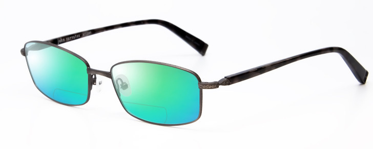 Profile View of John Varvatos V150-GUN Designer Polarized Reading Sunglasses with Custom Cut Powered Green Mirror Lenses in Antique Gun Metal Unisex Rectangle Full Rim Metal 56 mm