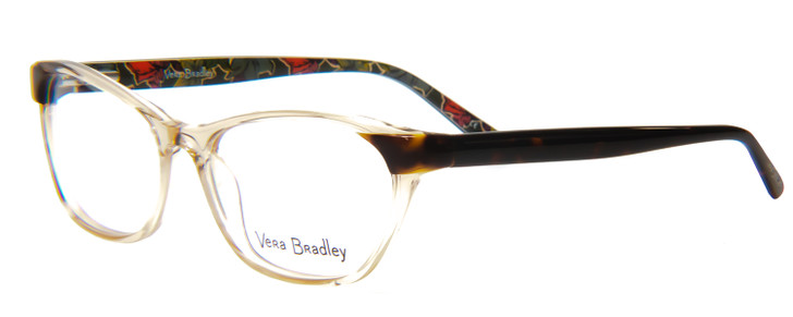 Profile View of Vera Bradley Jessica Designer Single Vision Prescription Rx Eyeglasses in Falling Flowers Crystal Brown Tortoise Havana Ladies Cateye Full Rim Acetate 54 mm
