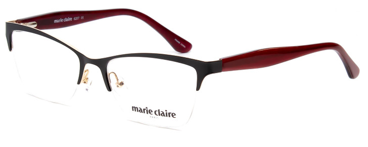 Profile View of Marie Claire MC6207-BBU Designer Reading Eye Glasses with Custom Cut Powered Lenses in Black Gold Burgundy Red Ladies Cateye Semi-Rimless Stainless Steel 53 mm