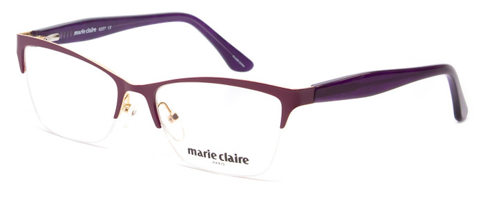 Profile View of Marie Claire MC6207-GRP Designer Reading Eye Glasses with Custom Cut Powered Lenses in Grape Purple Gold Ladies Cateye Semi-Rimless Stainless Steel 53 mm