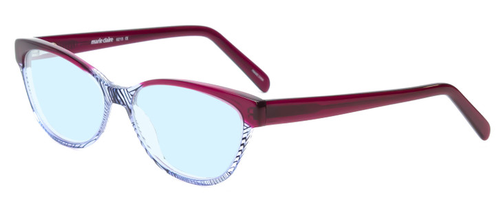 Profile View of Marie Claire MC6215-BGB Designer Progressive Lens Blue Light Blocking Eyeglasses in Burgundy Red Blue Crystal Fade Ladies Cateye Full Rim Acetate 55 mm