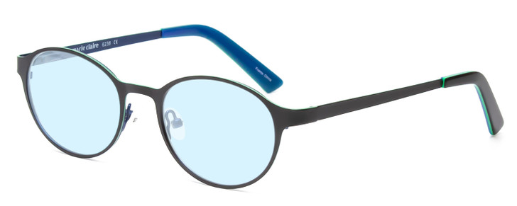 Profile View of Marie Claire MC6236-BKN Designer Progressive Lens Blue Light Blocking Eyeglasses in Black Navy Blue Ladies Round Full Rim Stainless Steel 46 mm